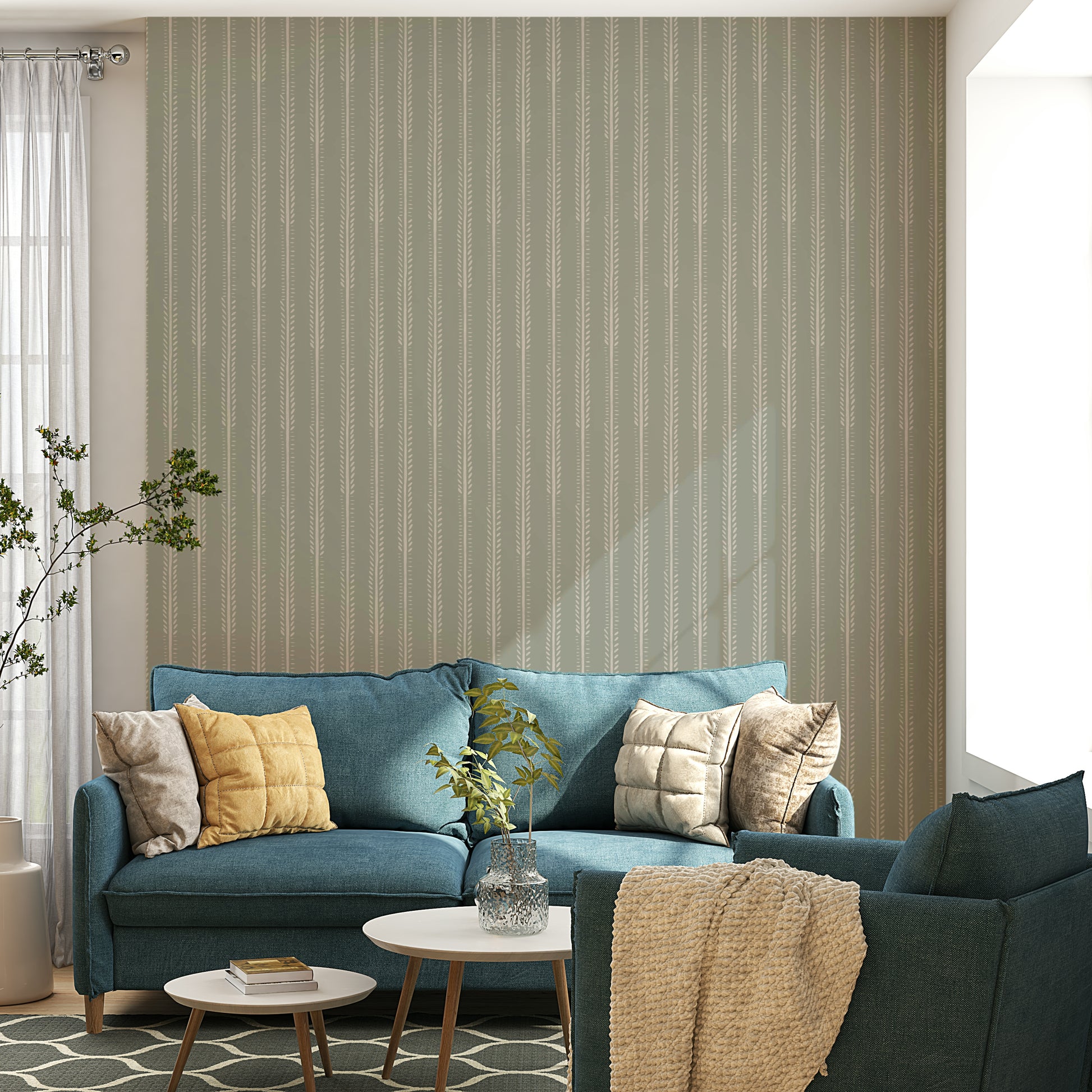 Minimalist striped wallpaper in sage and ivory hues

