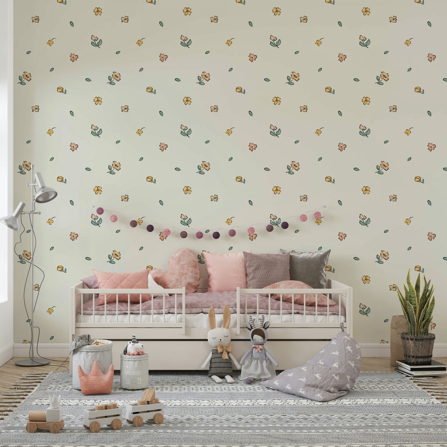 Subtle floral pattern wallpaper in soft watercolors

