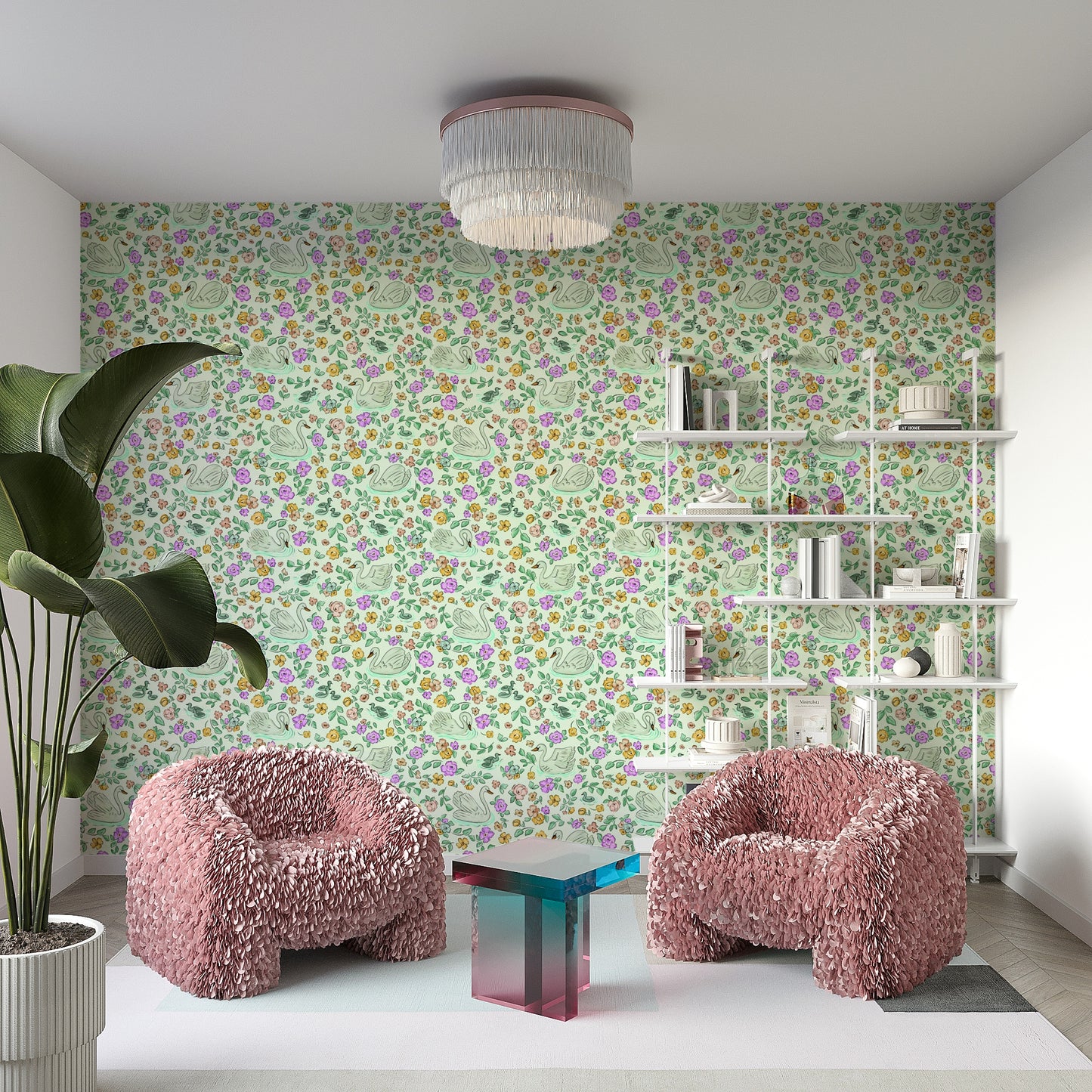 Romantic wallpaper featuring swans and blossoms

