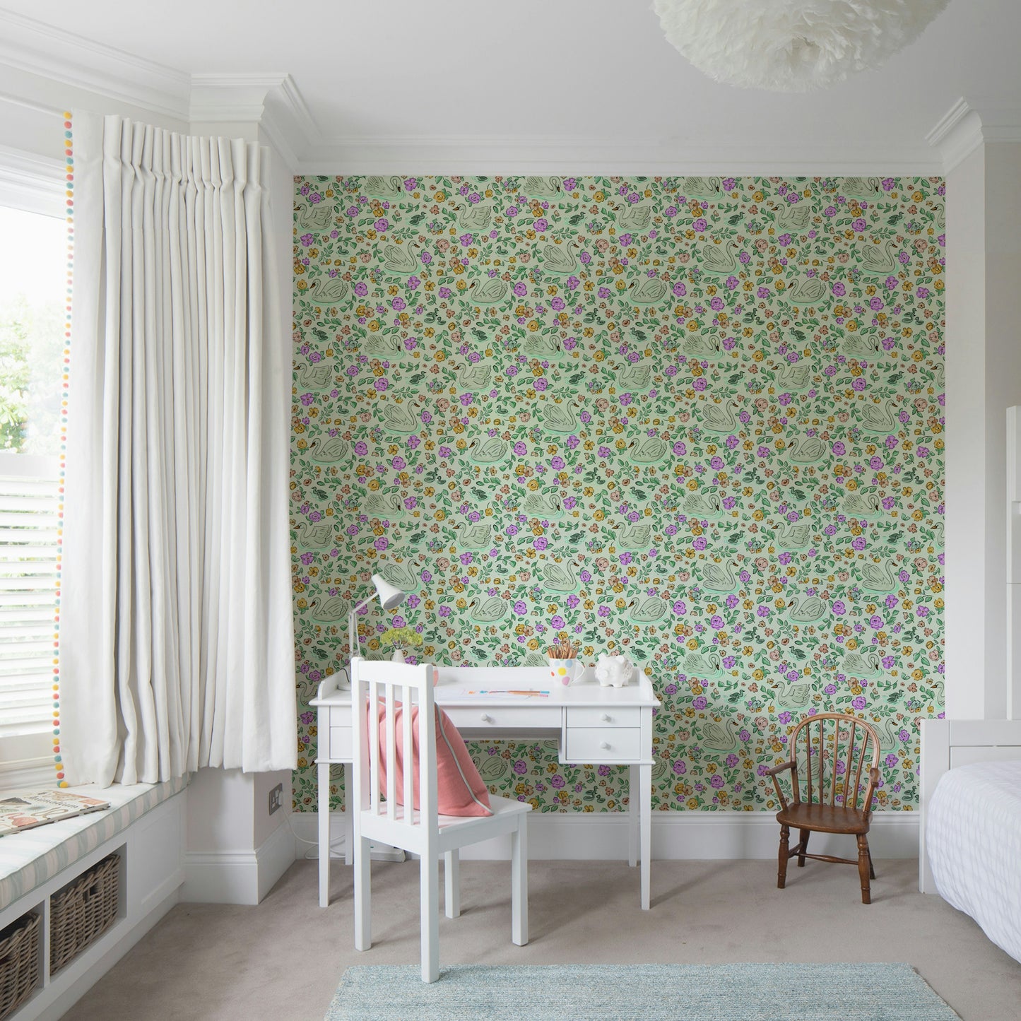 Swan and floral mural wallpaper in soft tones

