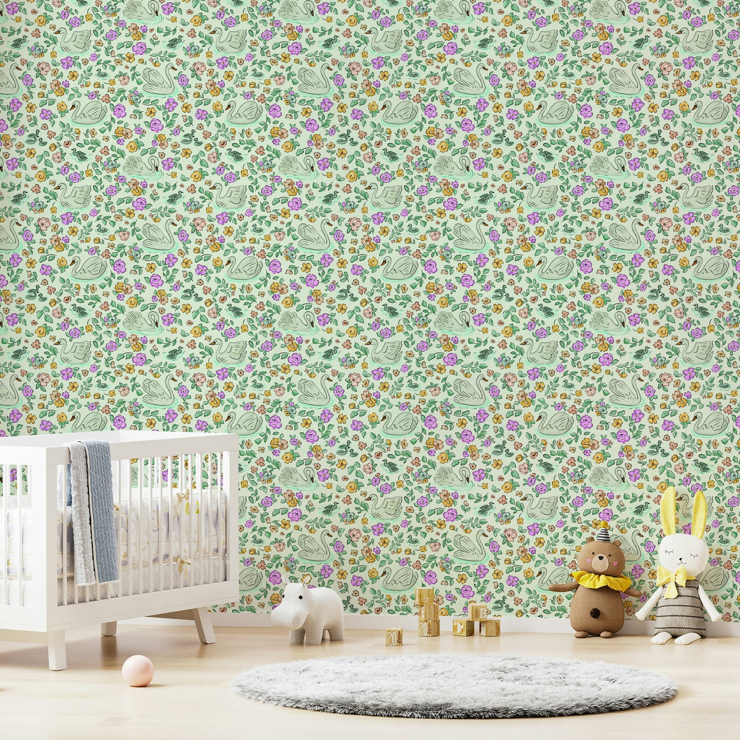 Pastel wallpaper with swans and blooming florals

