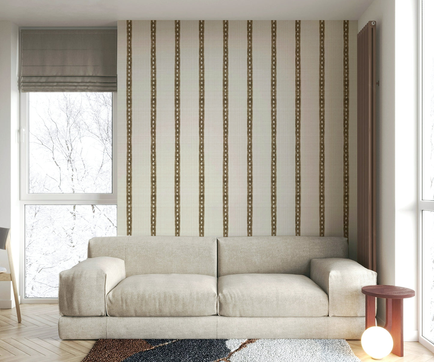 Rustic brown striped wallpaper on living room wall

