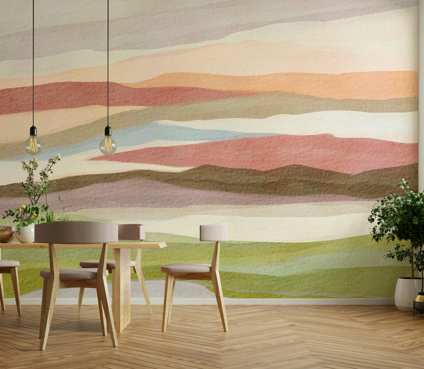 Tranquil landscape mural with pastel horizon tones


