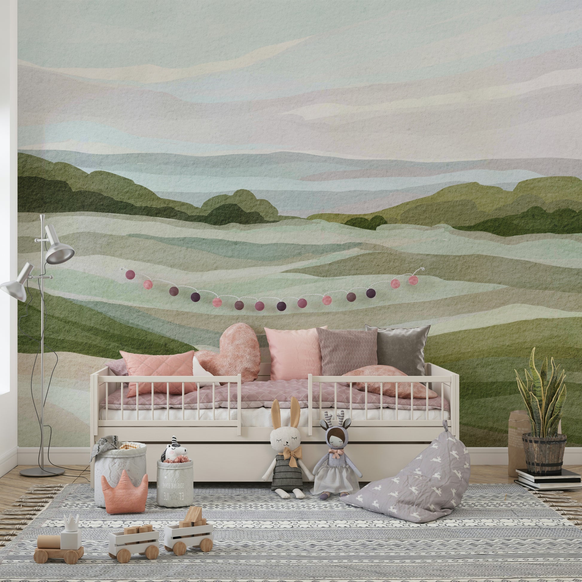 Serene whispering hills mural for bedroom walls

