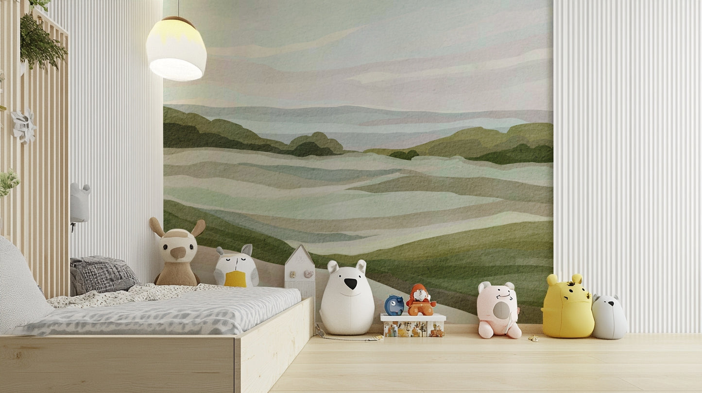 Green Whispering Hills wall mural with rolling hills

