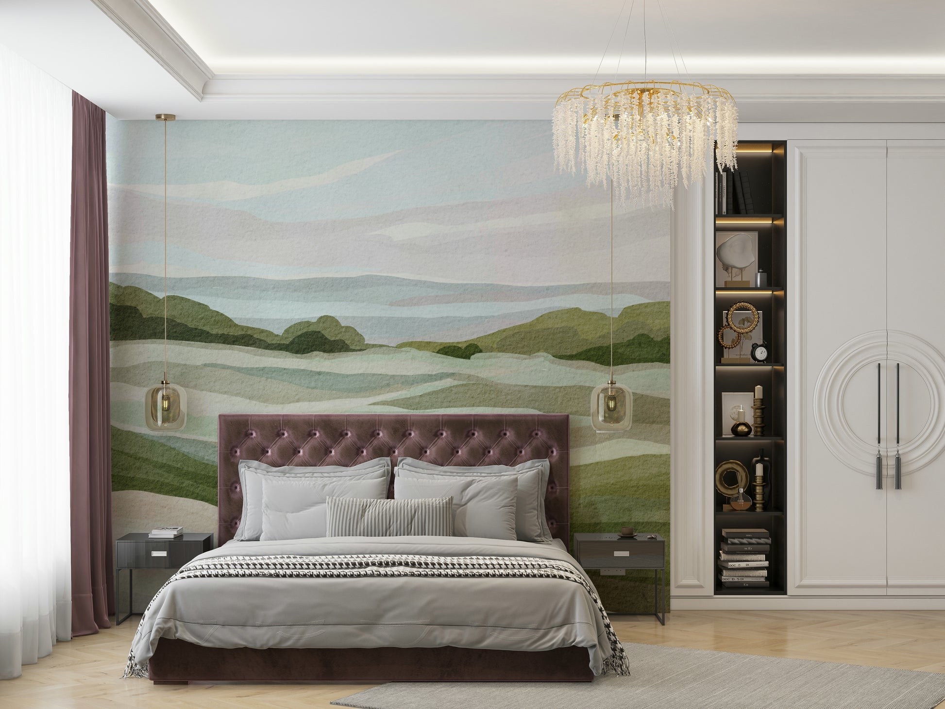 Peaceful countryside mural with whispering hills

