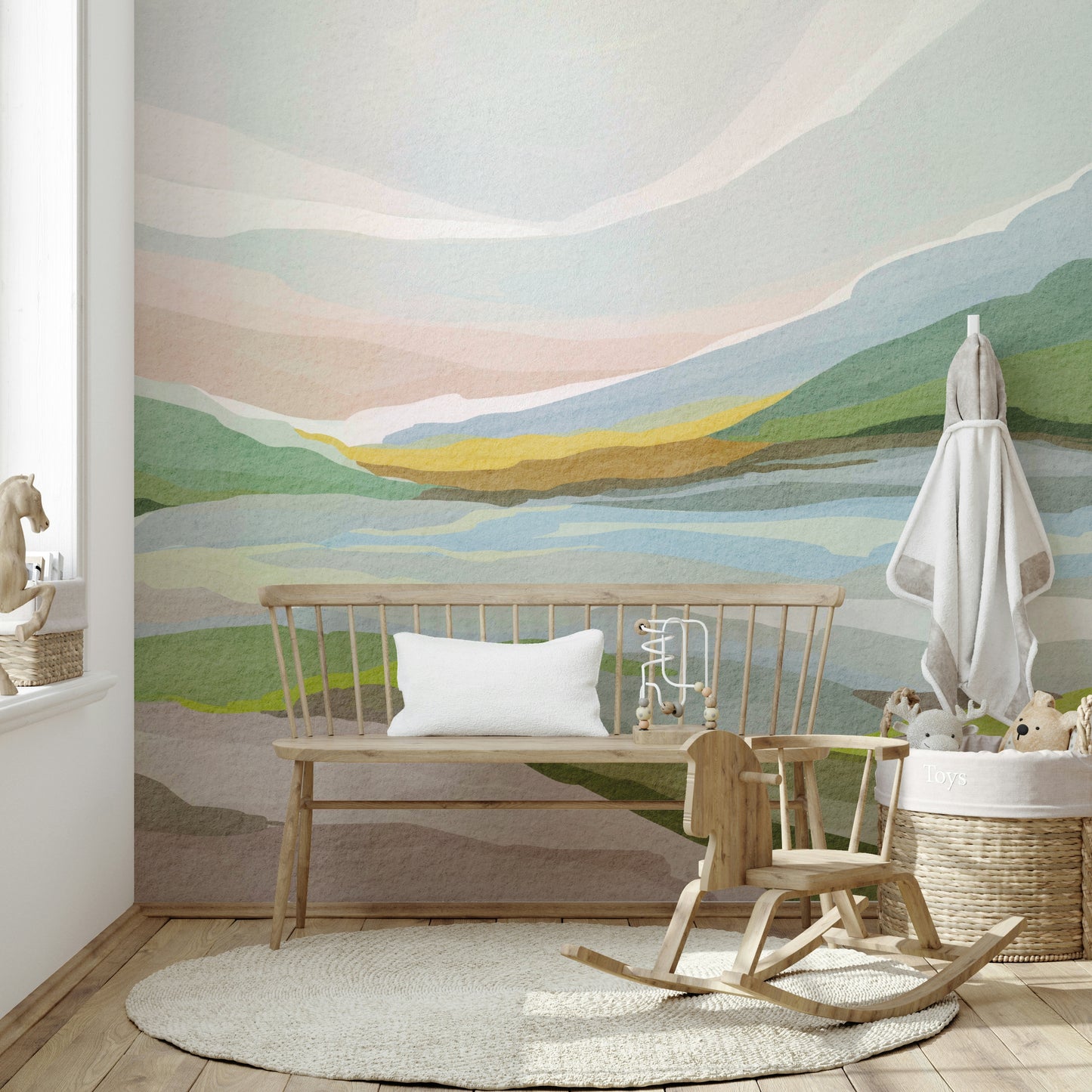 Soft landscape wall mural with abstract hills design

