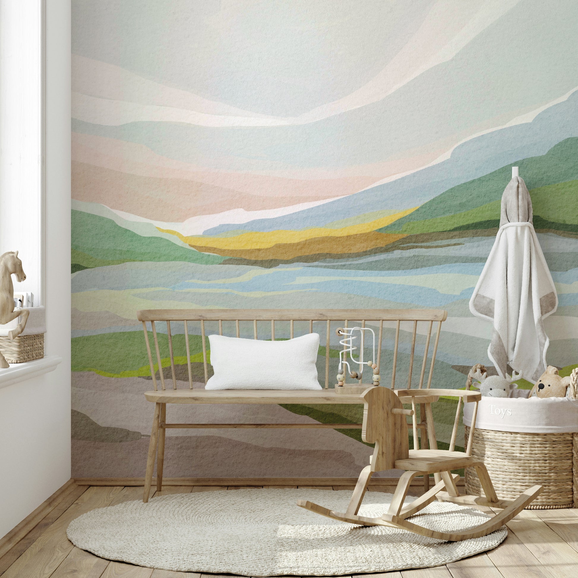 Soft landscape wall mural with abstract hills design

