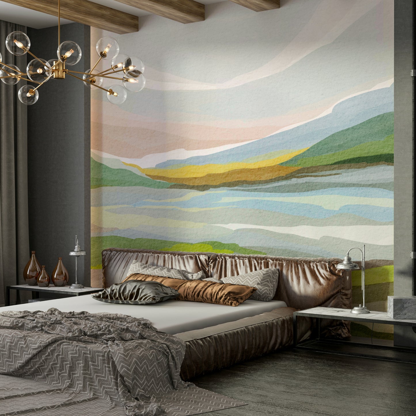 Abstract art mural featuring gentle hill shapes

