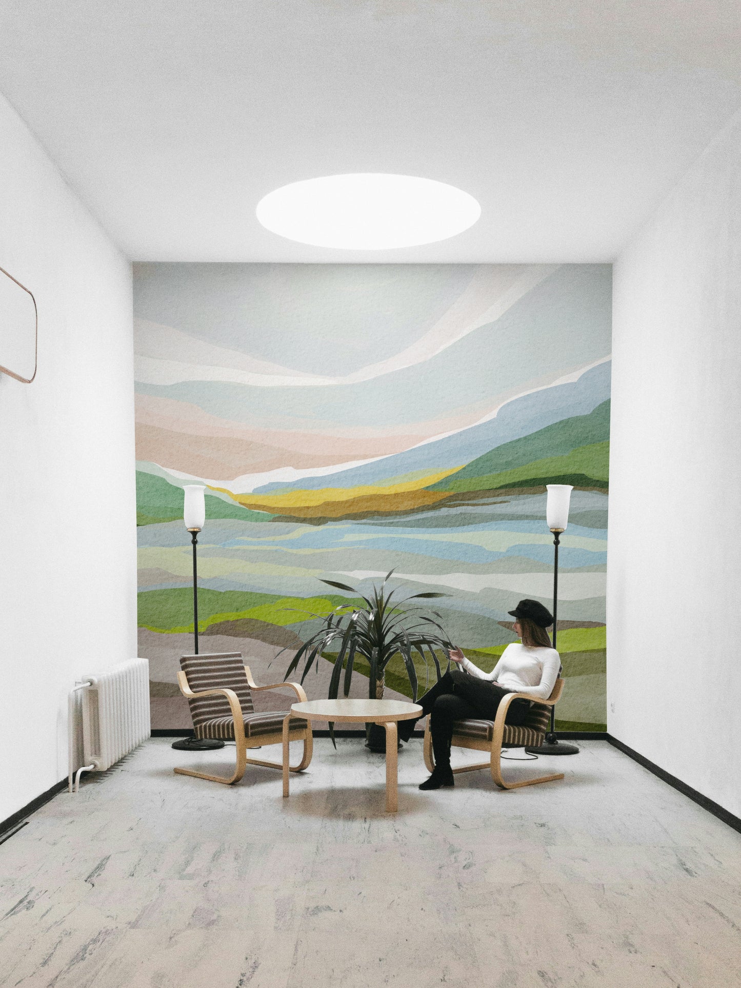 Contemporary mural with abstract watercolor hills

