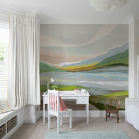 Abstract watercolor hills wall mural with soft colors

