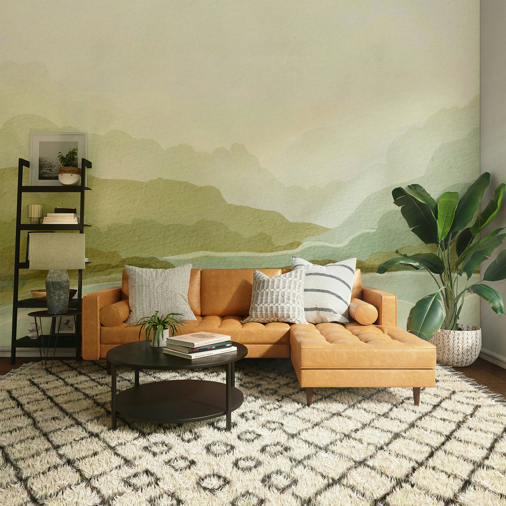 Mountain landscape mural with serene mist effects

