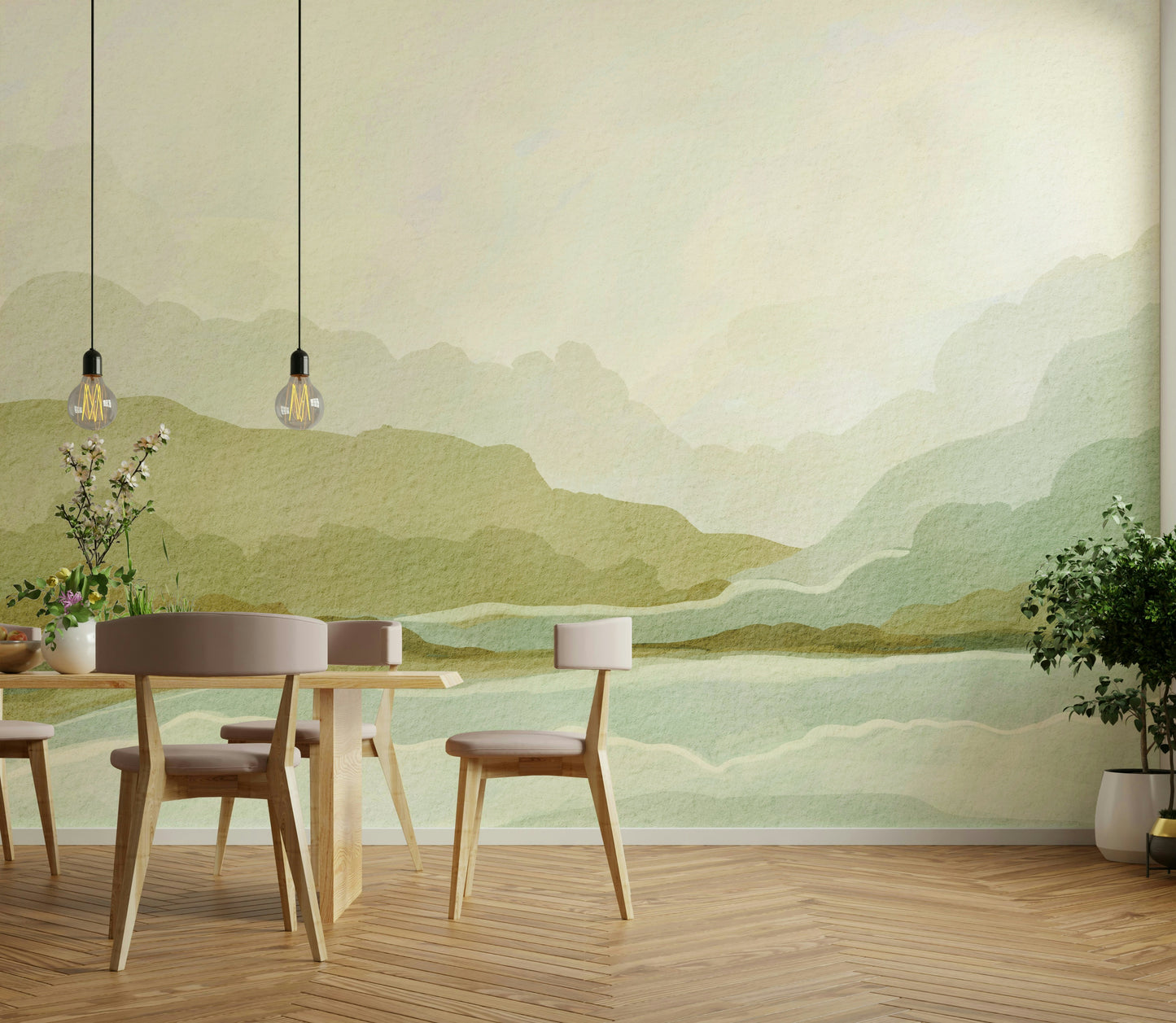 Mist-covered mountain mural for calming interiors


