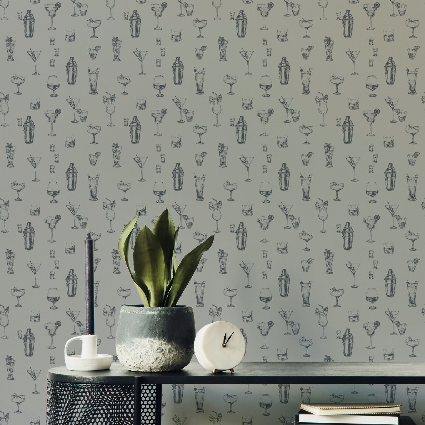 Artistic bar wallpaper featuring hand-drawn spirits

