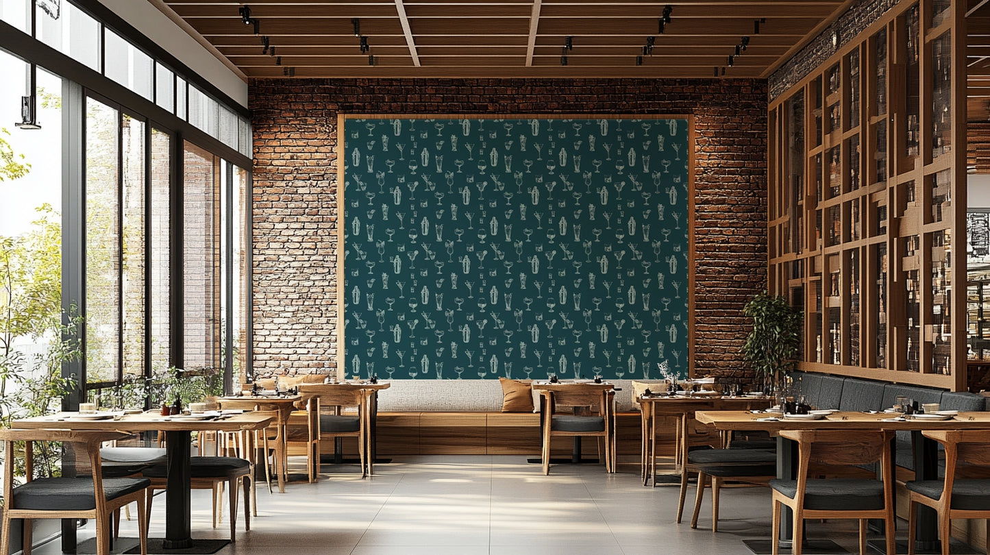 Bar area wallpaper with cocktail art prints

