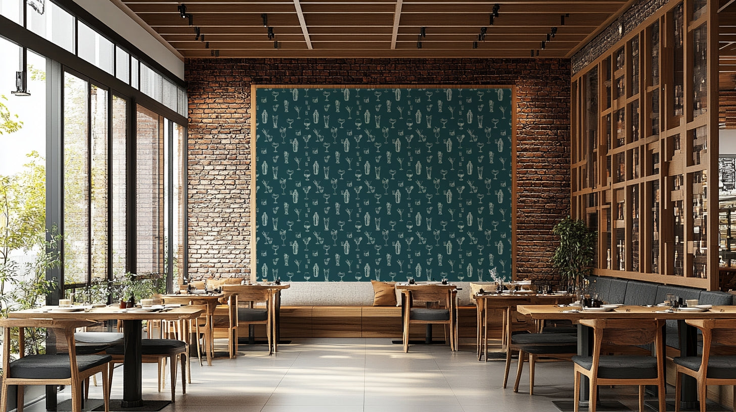 Bar area wallpaper with cocktail art prints

