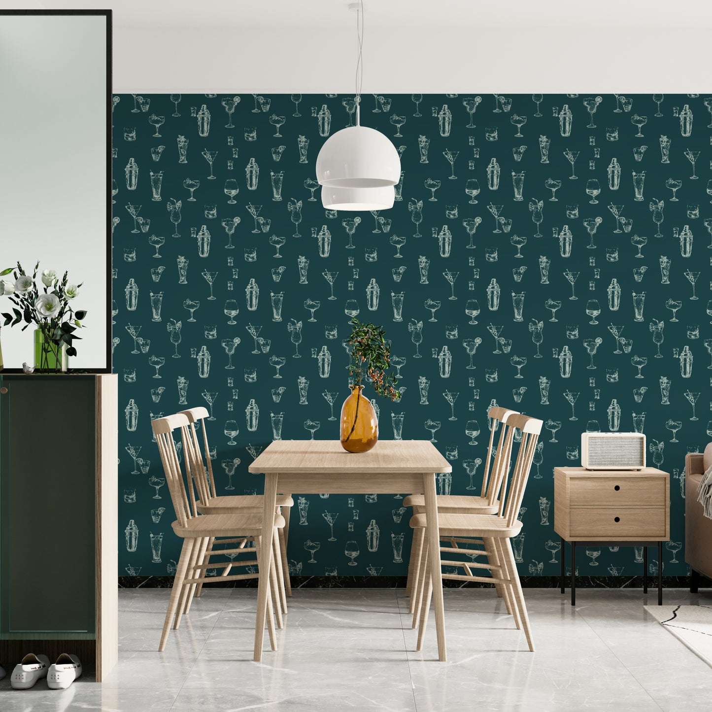 The Cocktail Canvas wallpaper with shaker and glass designs


