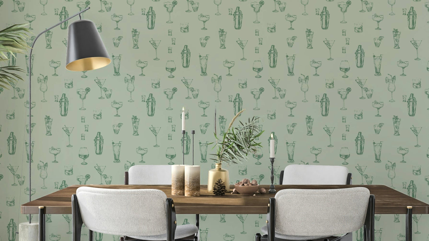 Vintage bar sketch wallpaper with retro illustrations

