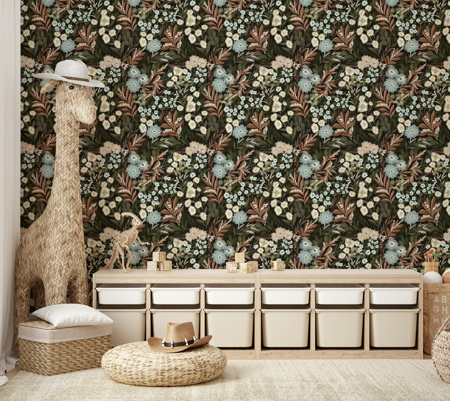 Midnight Forest Bloom wallpaper with dark floral motifs

