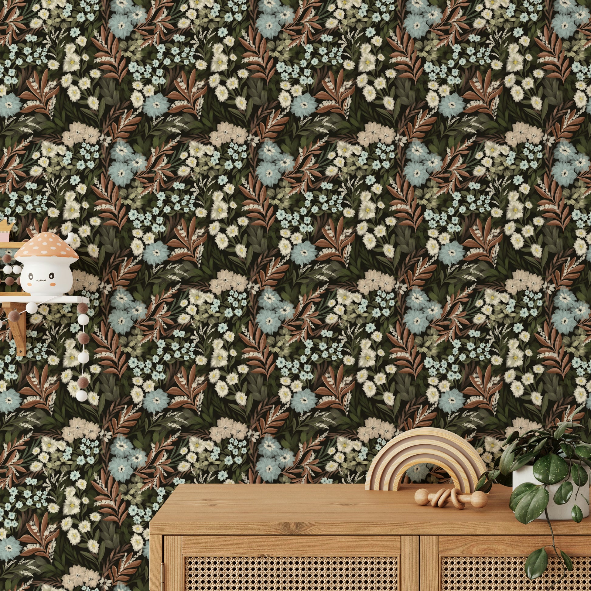 Floral wallpaper with dark green and black tones

