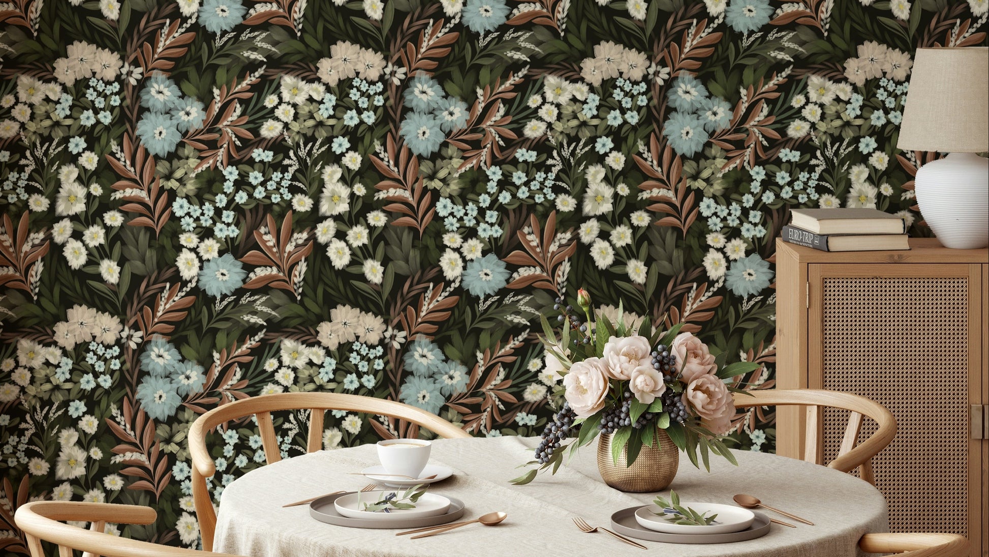 Deep color floral wallpaper with night forest theme

