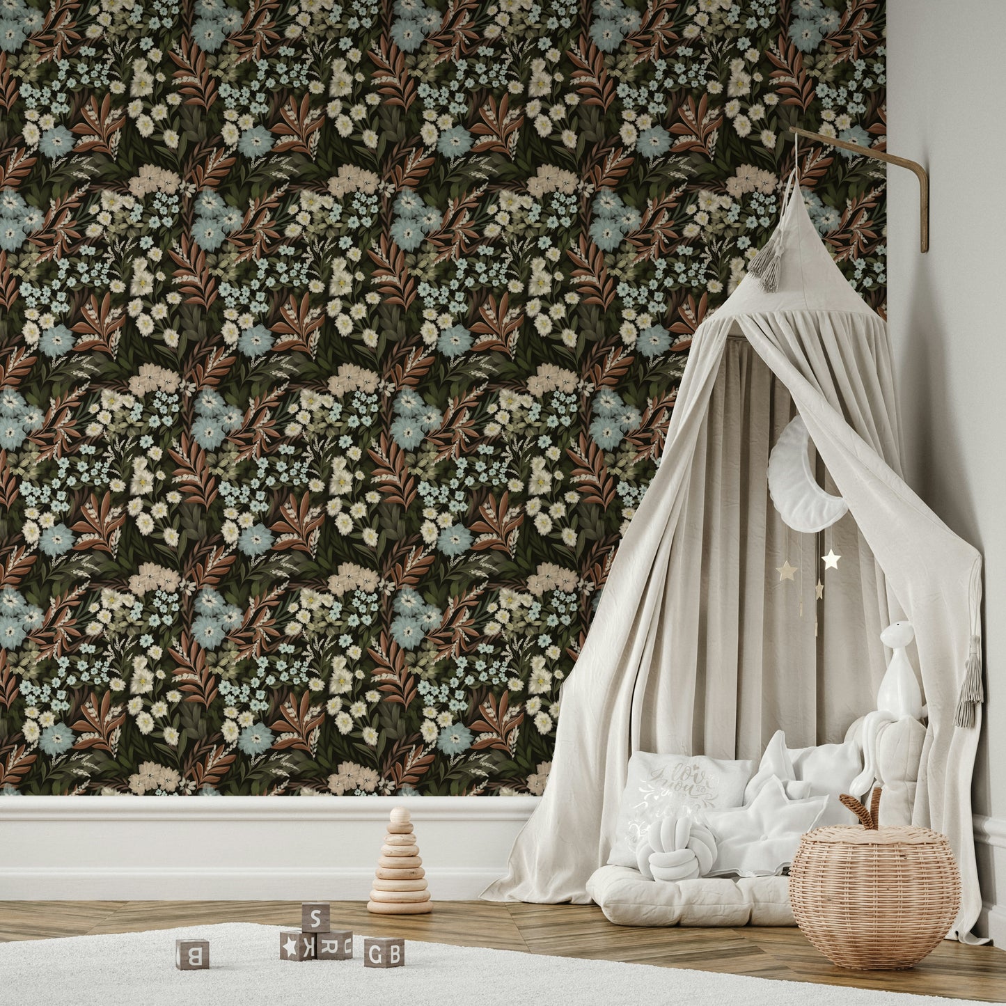 Elegant dark floral wallpaper inspired by forests

