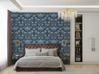 Decorative blue mural with floral motifs

