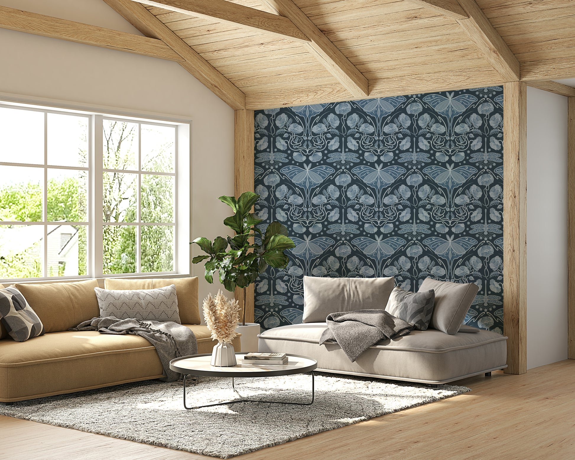 Nature-inspired blue wallpaper with moth design

