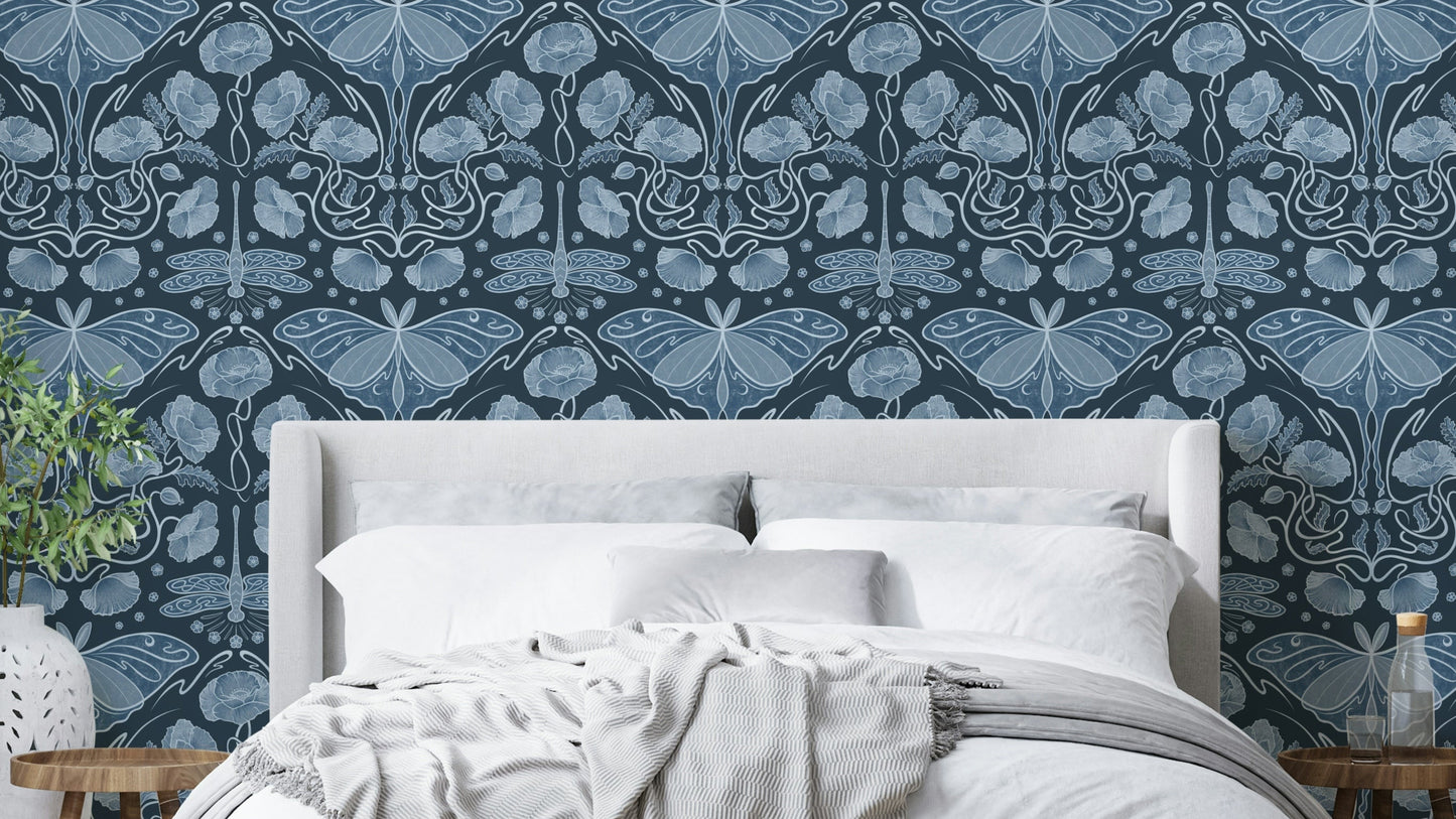 Art Nouveau blue wallpaper with poppies


