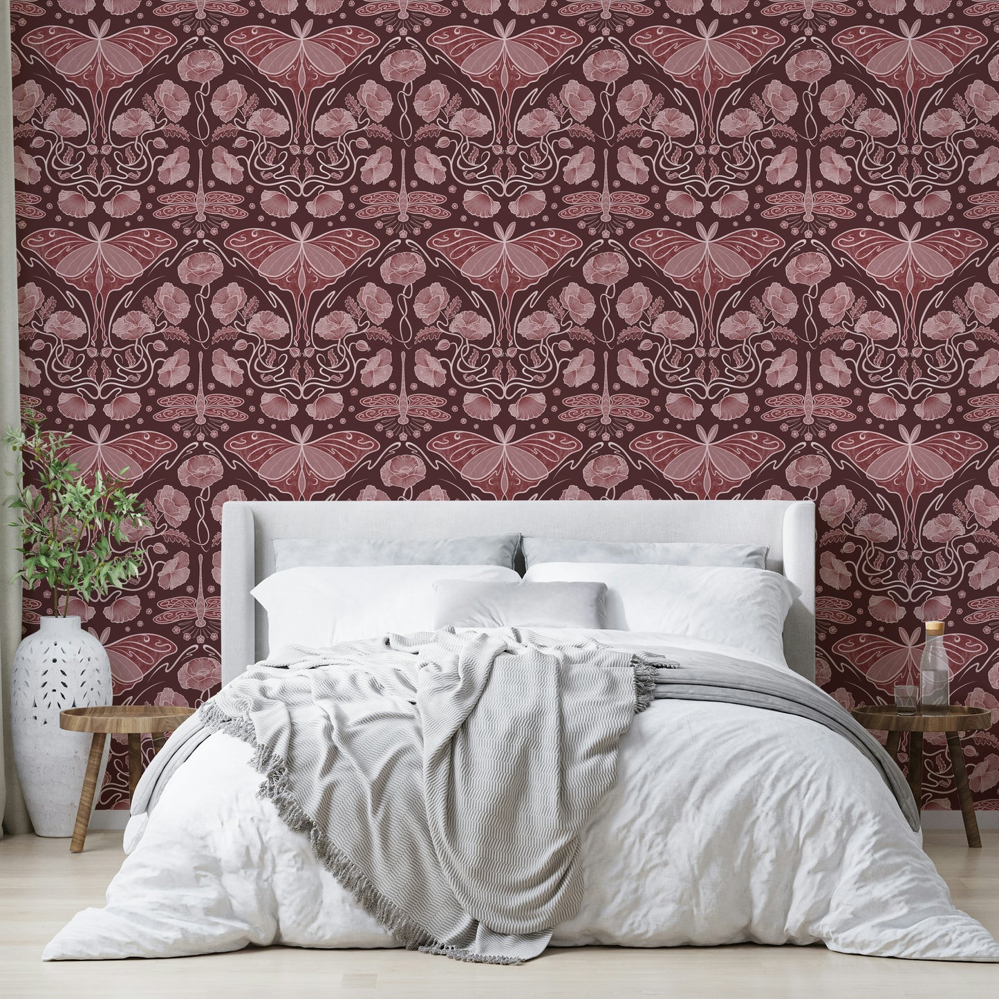 Decorative wallpaper with red poppies and moths

