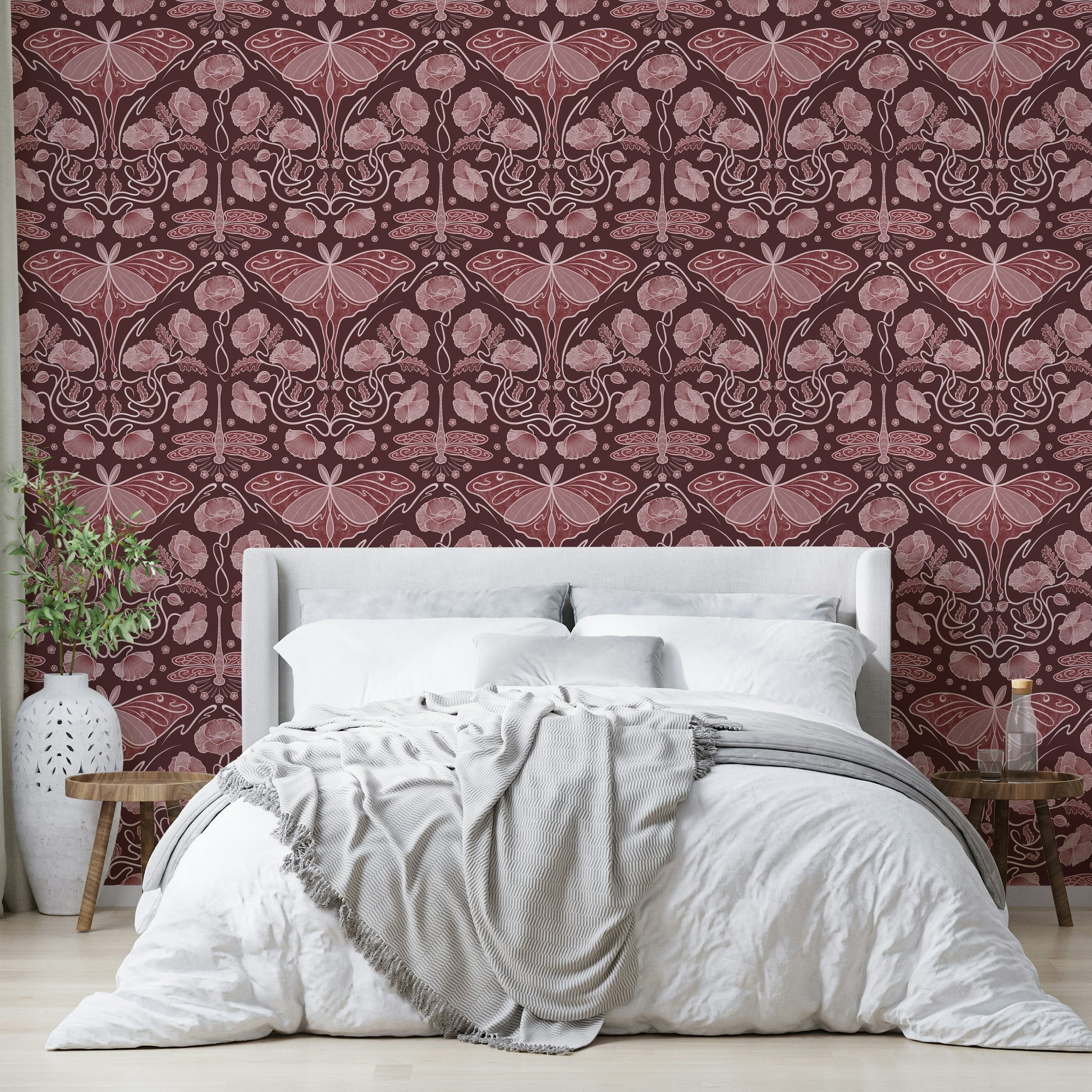 Decorative wallpaper with red poppies and moths

