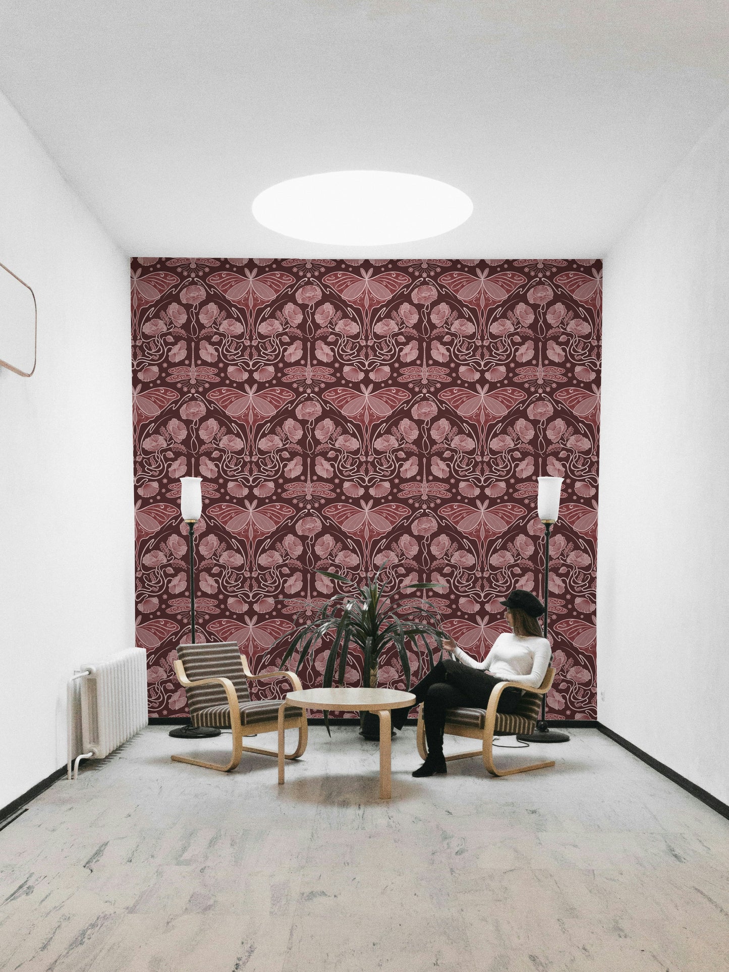 Artistic wall design in deep crimson hues

