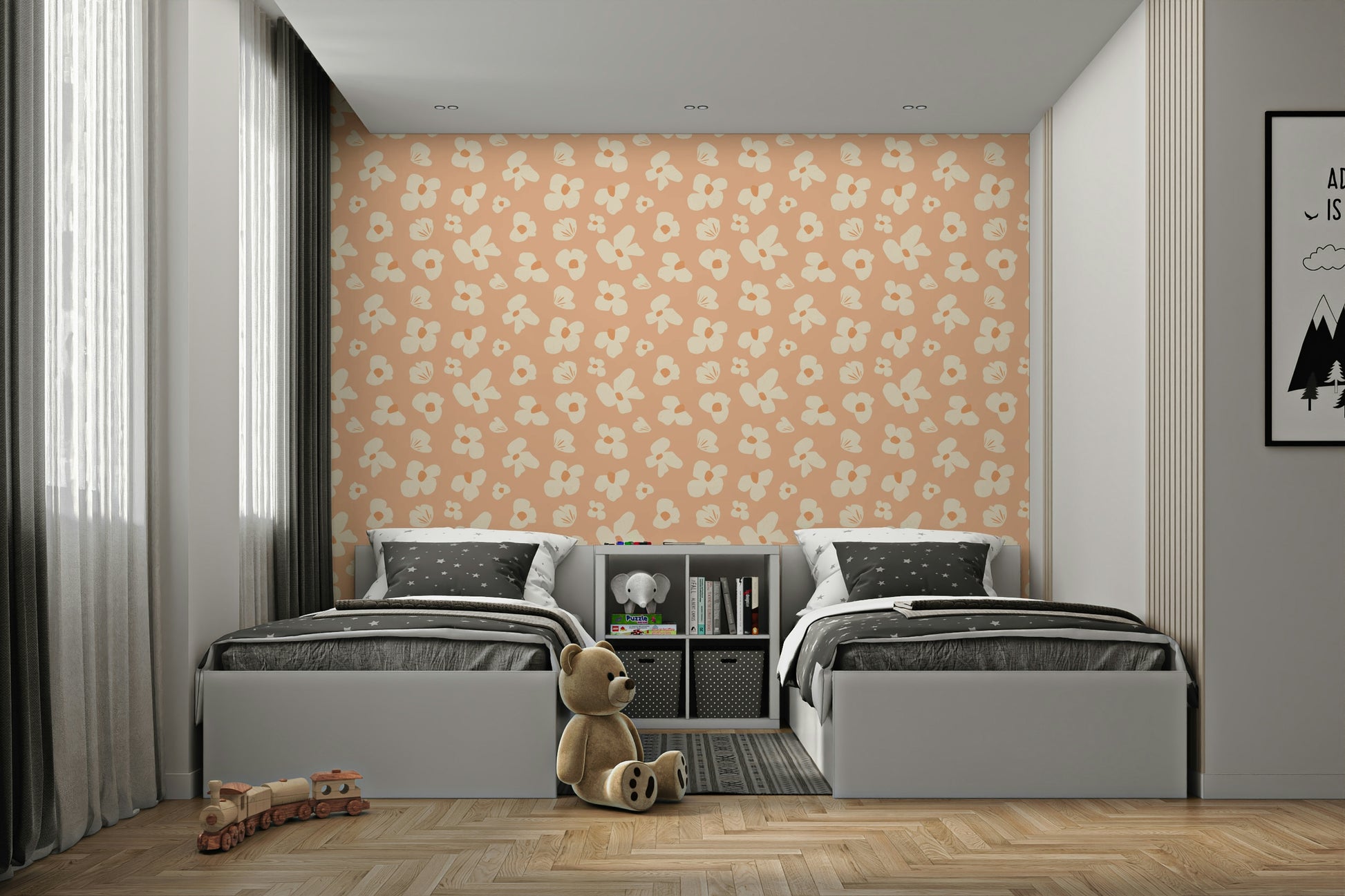 Contemporary peach floral mural wallpaper


