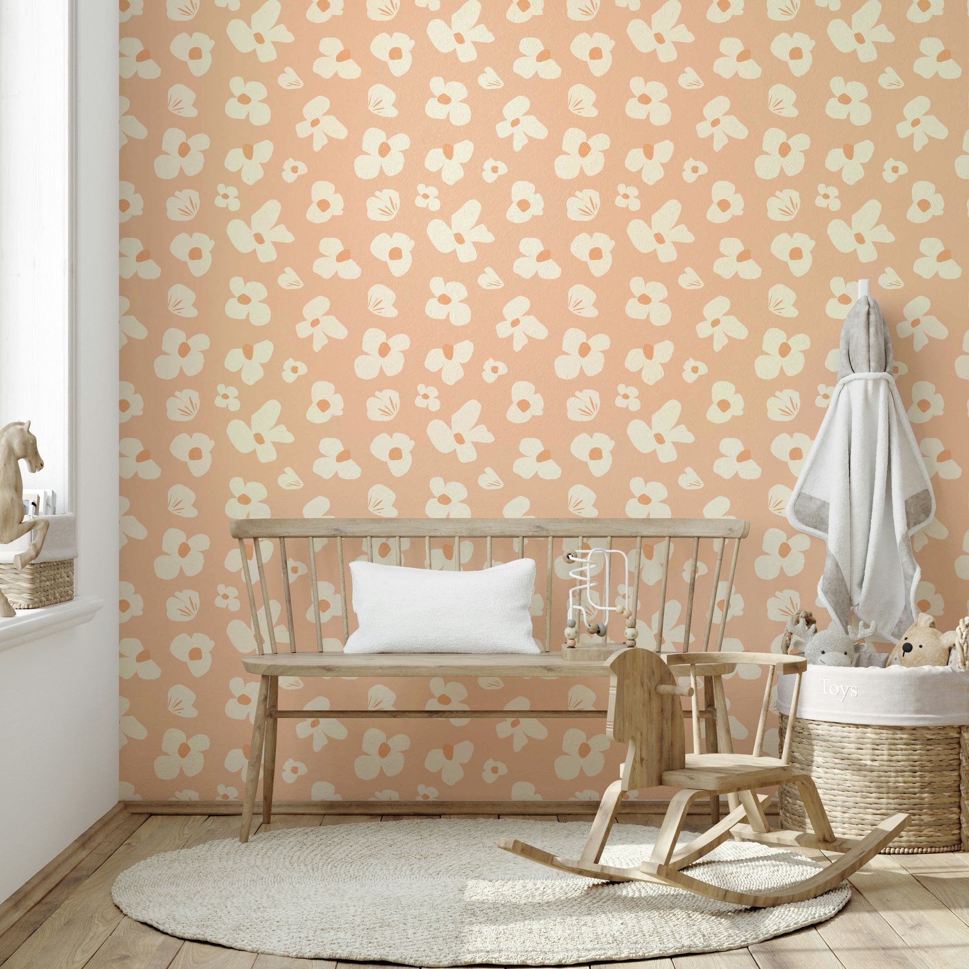 Peach floral wallpaper with abstract artistic design

