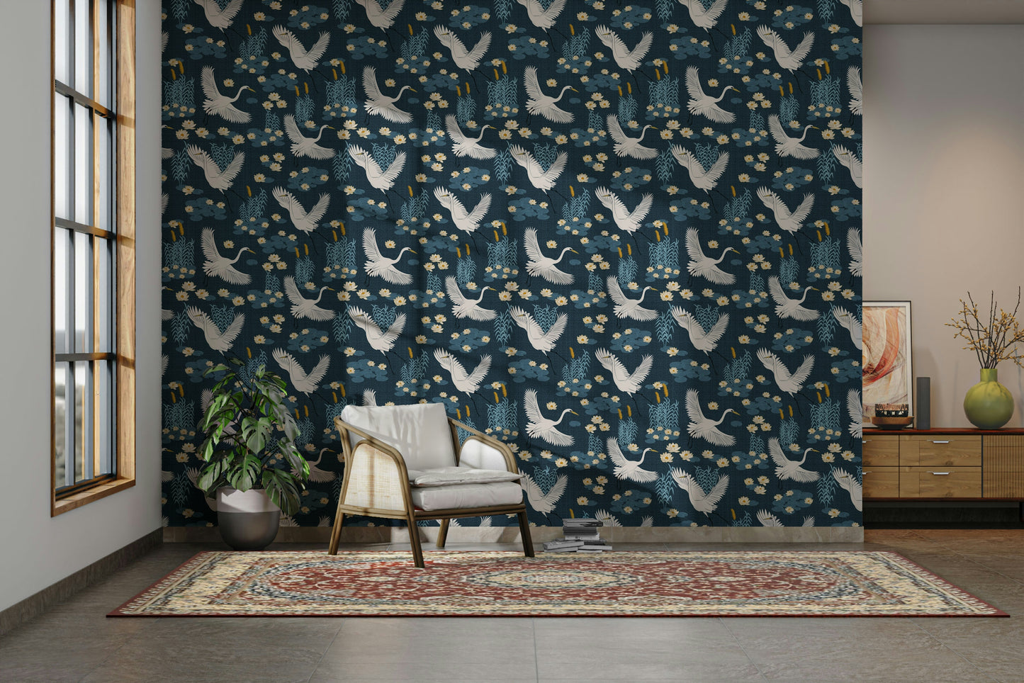 Calm wallpaper featuring herons and water

