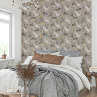 Serene heron mural in soft, pale tones