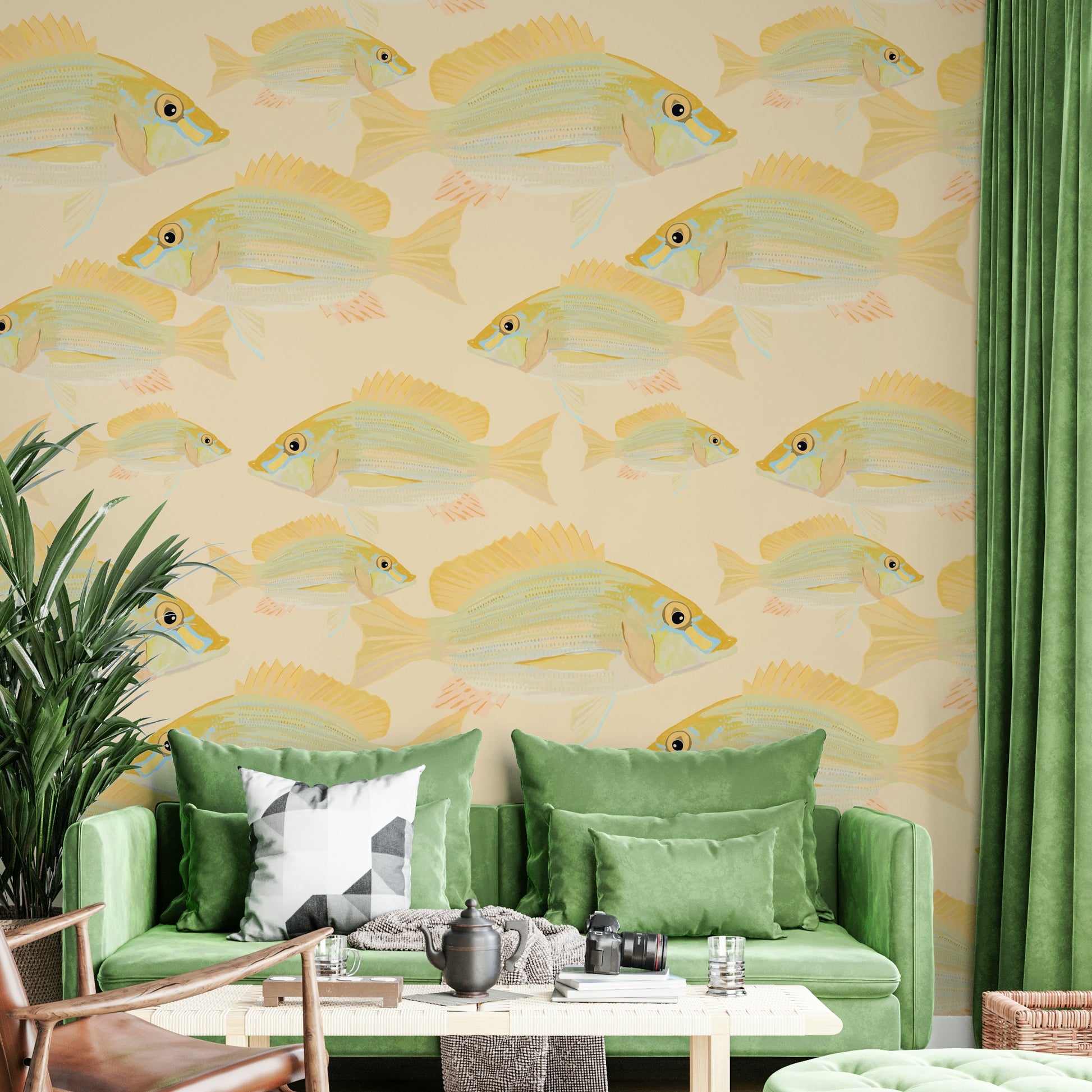 Water-themed mural with elegant fish design

