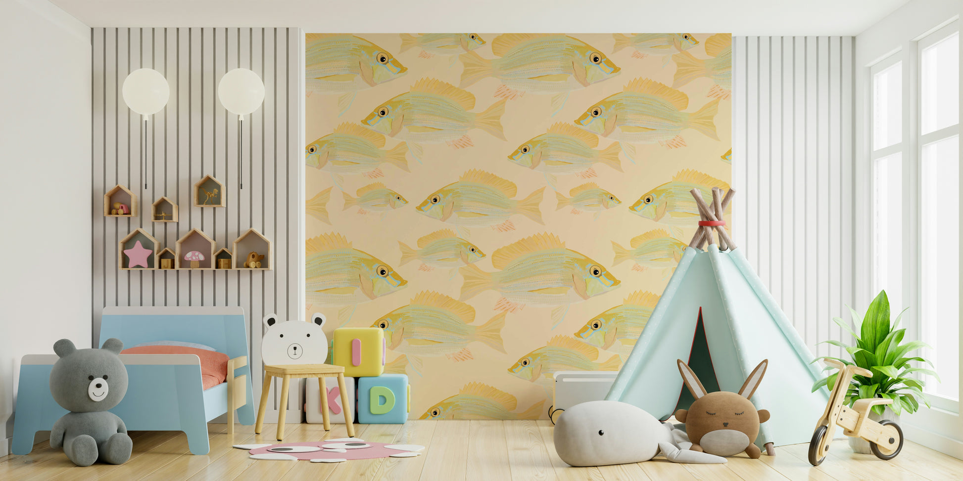 Ocean-themed wall mural with fish design


