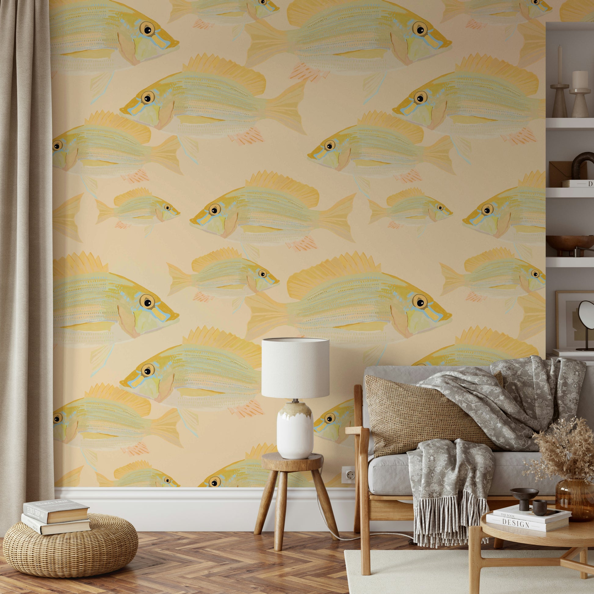 Subtle fish wallpaper for coastal spaces

