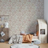 Cozy living space with dusty rose botanical wallpaper

