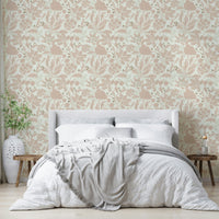 Elegant dusty rose botanical wallpaper in bedroom

