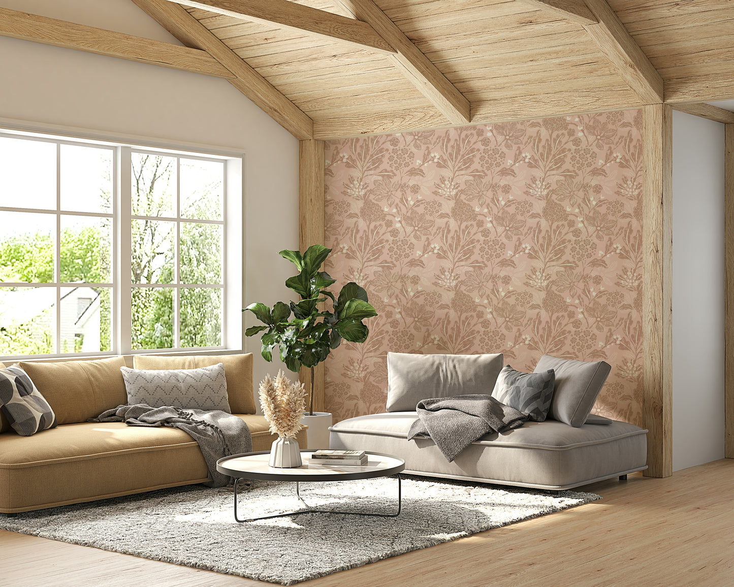 Textured terracotta blooms wallpaper creating inviting space

