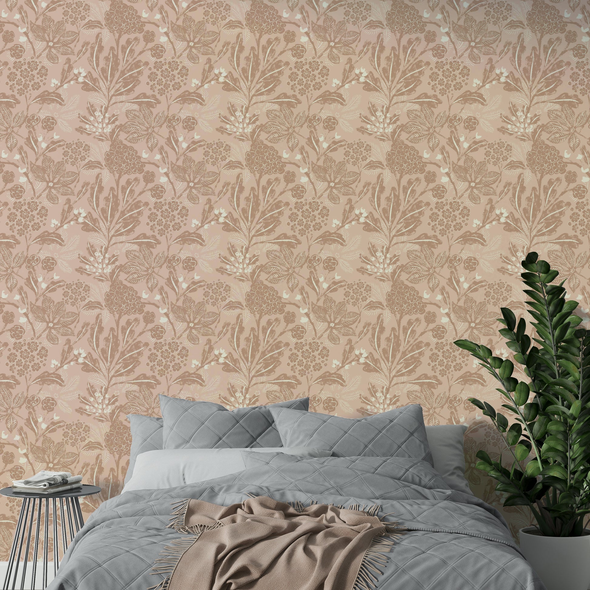 Elegant textured terracotta blooms wallpaper on feature wall

