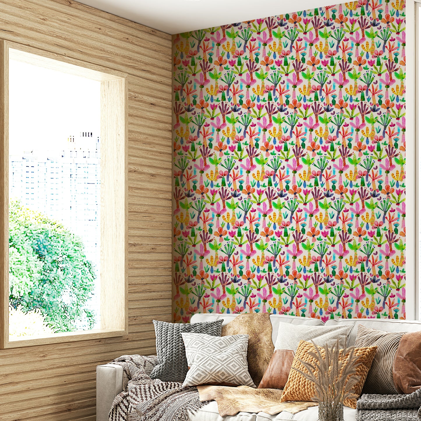 Playful palms garden wallpaper for kids’ bedroom

