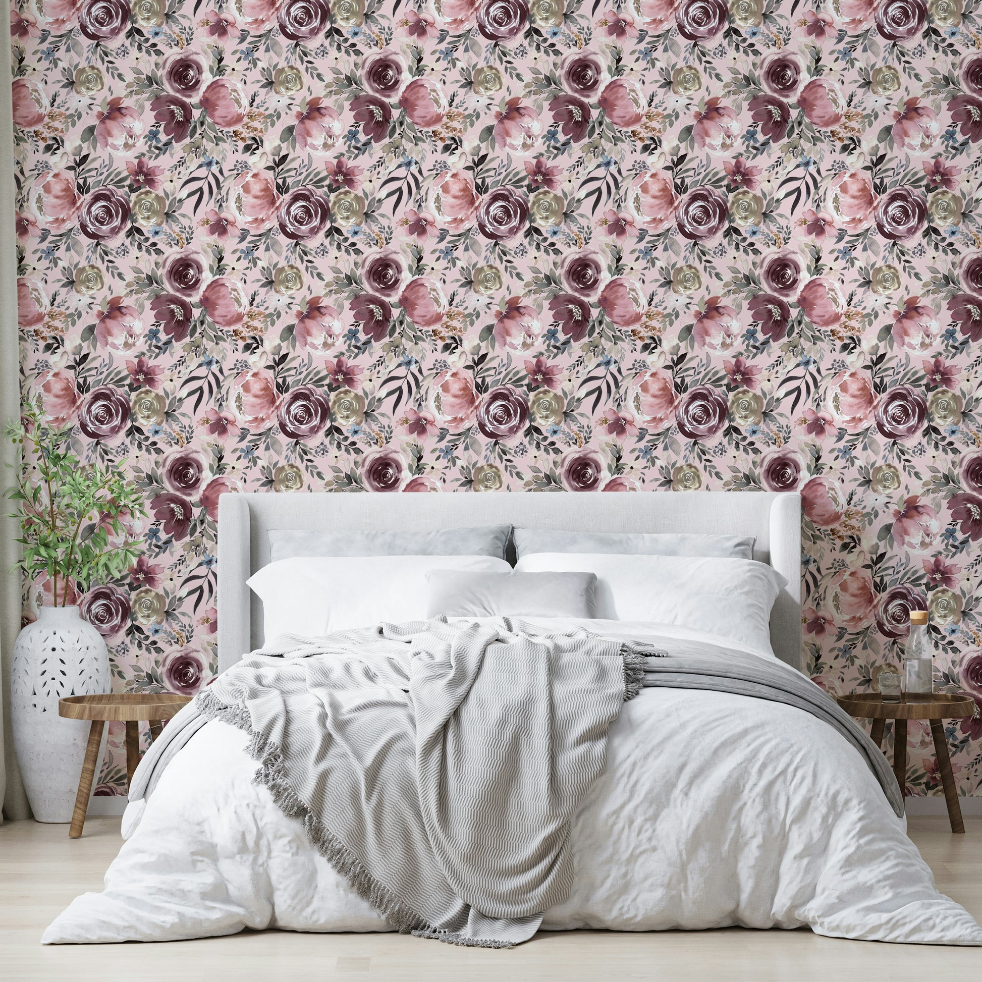 Vintage-style pastel peonies wallpaper on wall

