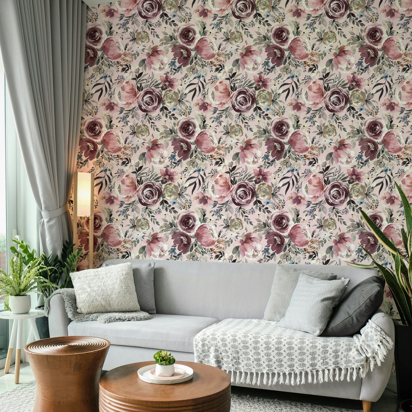 Romantic pastel rose wallpaper with peony blossoms

