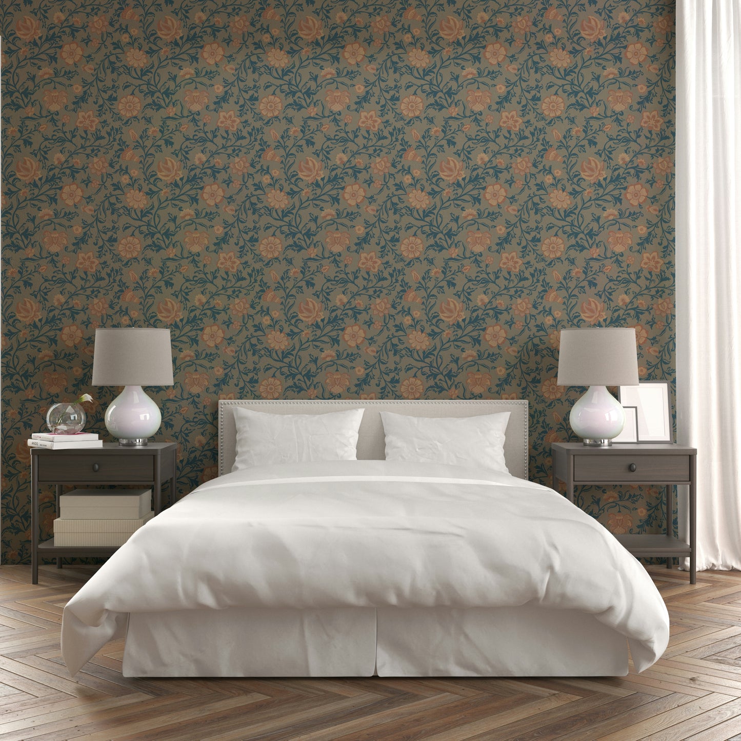 Elegant teal damask wallpaper with floral design


