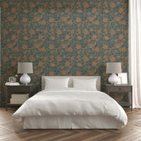 Elegant teal damask wallpaper with floral design

