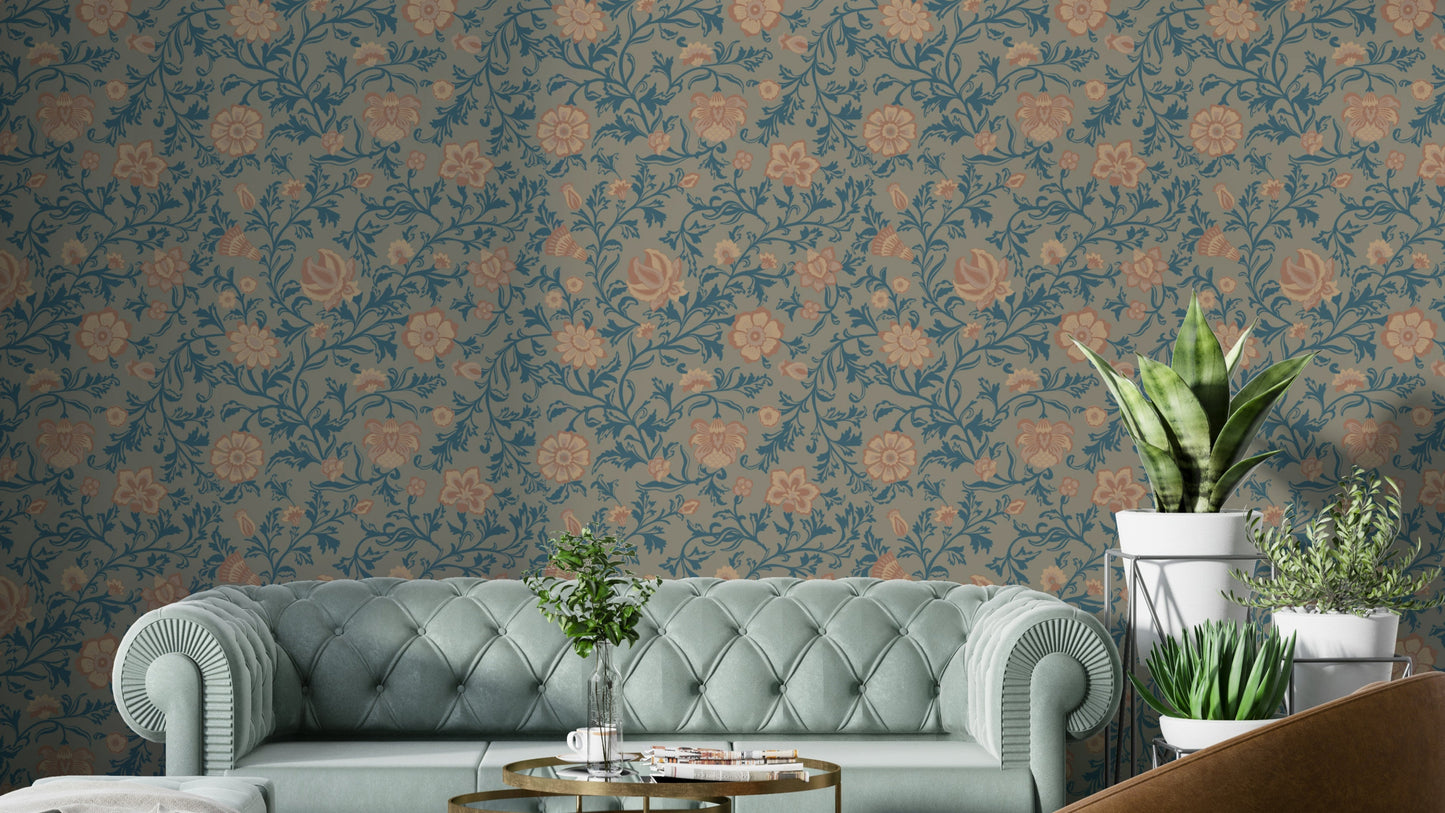 Ornate teal floral damask wallpaper for walls

