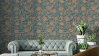 Ornate teal floral damask wallpaper for walls

